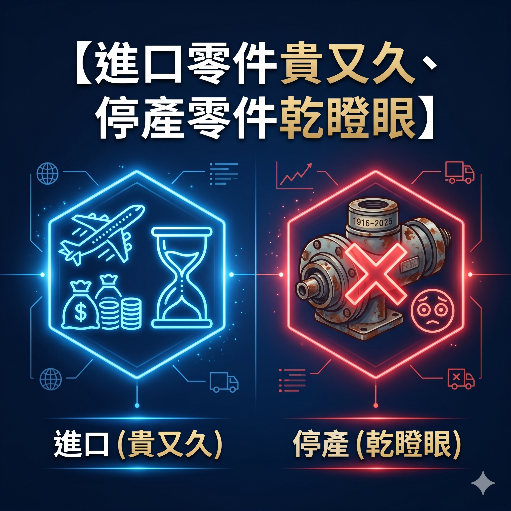 進口零件貴又久、停產零件乾瞪眼