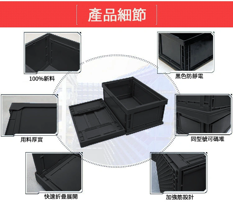 摺疊箱產品細節：100% 新料、黑色防靜電、用料厚實、同型號可碼堆、快速摺疊展開、加強筋設計