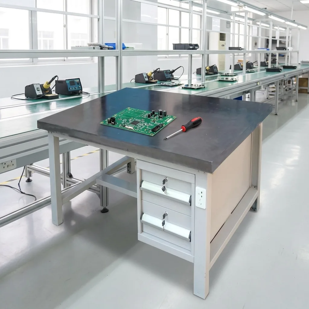 附抽屜的鋼製工作桌，桌面放著電路板與螺絲起子，位於電子組裝線